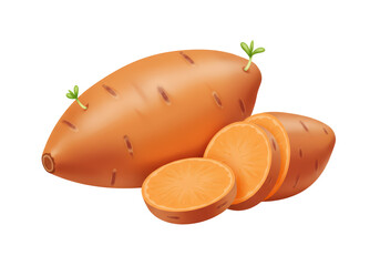 Isolated Fresh Sweet Potatoes, Including Whole and Sliced Portions, Representing Healthy Root Vegetables