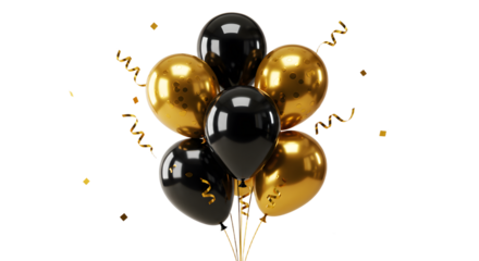 Black and gold balloons with curly ribbons, festive party decoration for celebrations and events, perfect for birthdays and anniversaries