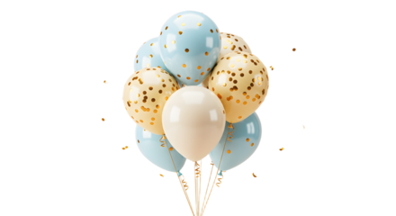 Blue and beige balloons with gold confetti pattern isolated on white background, perfect for birthday parties and celebrations