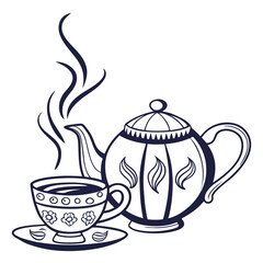 Elegant teapot and teacup with floral pattern isolated on white background