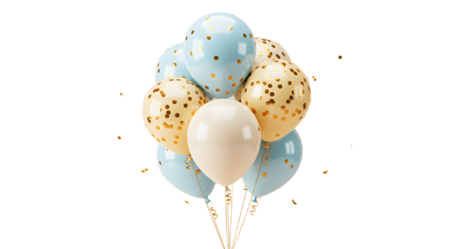 Blue and beige balloons with gold confetti pattern isolated on white background, perfect for birthday parties and celebrations - Powered by Adobe