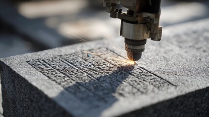 Laser engraving machine carving text on stone block in workshop  