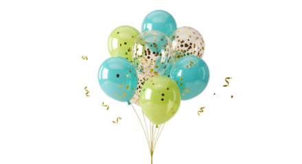 Blue and green balloons with gold confetti and ribbons isolated on white background, festive decoration perfect for celebrations