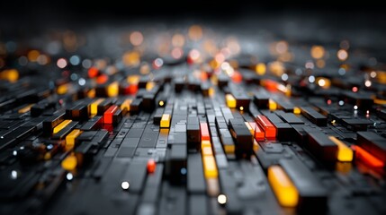 Obraz premium Futuristic glowing circuit blocks on dark surface in abstract tech landscape scene.