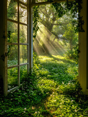 Sunlit view of lush greenery and blooming flowers through a rustic open door in a verdant garden
