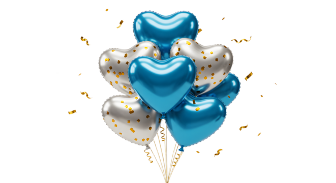 Blue and white heart-shaped balloons with gold confetti floating against transparent background, perfect for romantic celebrations - Powered by Adobe