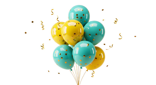 Blue and yellow balloons with gold confetti float on white background, festive party decoration perfect for celebrations and events - Powered by Adobe