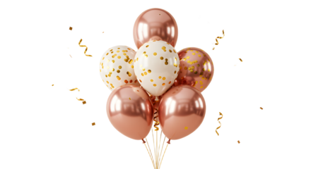 Bouquet of rose gold and white balloons with gold confetti and curling ribbons, perfect for elegant parties and celebrations