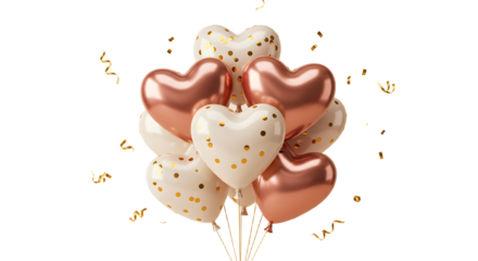 Bouquet of white and rose gold heart-shaped balloons with gold confetti and ribbons, perfect for weddings and romantic celebrations