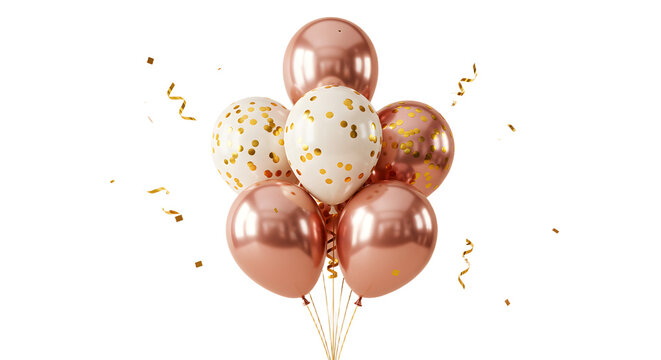 Bouquet of rose gold and white balloons with gold confetti and curling ribbons, perfect for elegant parties and celebrations - Powered by Adobe