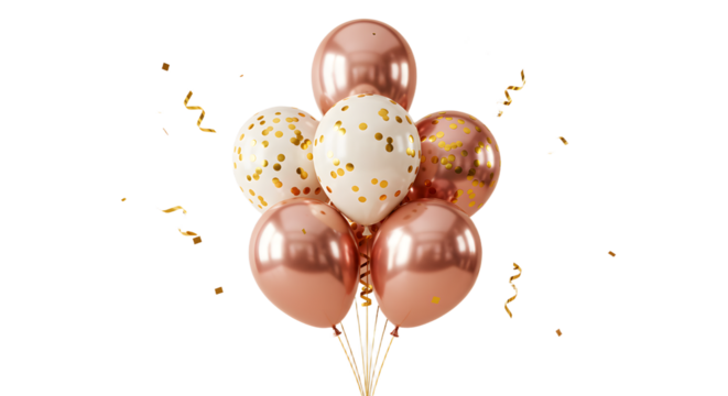 Bouquet of rose gold and white balloons with gold confetti and curling ribbons, perfect for elegant parties and celebrations