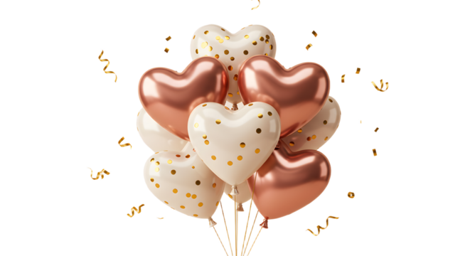 Bouquet of white and rose gold heart-shaped balloons with gold confetti and ribbons, perfect for weddings and romantic celebrations - Powered by Adobe