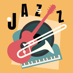 The illustration of the instruments of jazz music, with a red guitar, a white trombone, and a blue piano keyboard on a warm yellow background. Big letters JAZZ. For music festivals, invitations, flyer
