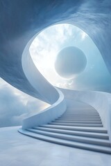 Ascending to a celestial realm: A curved staircase leads to a luminous sphere against a serene, cloud-filled sky. Dreams unfold.