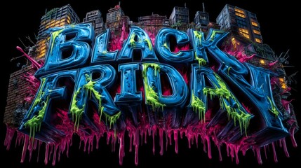 Fototapeta premium Black Friday text with neon slime and urban grunge buildings background.