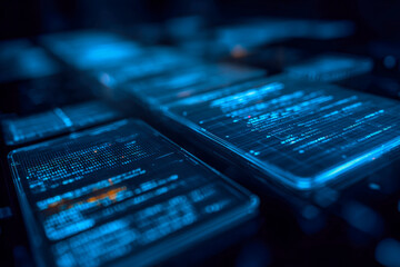 Digital data streams displayed on futuristic transparent screens in a dark technology environment