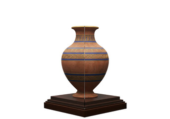 Isolated Ancient Terracotta Vase with Ornate Blue and Yellow Patterns, Symbolizing Historical Art and Craftsmanship