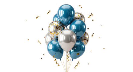 Cluster of shiny blue, silver, and white balloons with gold confetti floating, perfect for celebrations and parties