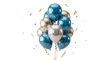Cluster of shiny blue, silver, and white balloons with gold confetti floating, perfect for celebrations and parties