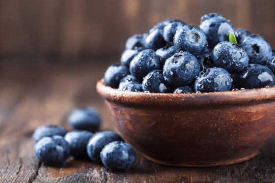 In honor of National Blueberry Month, a display of fresh blueberries in a rustic bowl on a wooden table, surrounded by scattered berries, showcases vibrant colors and natural textures - Powered by Adobe