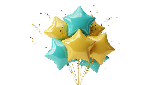 Cluster of shiny star-shaped balloons in gold and teal colors isolated on white, perfect for celebrations and festive events