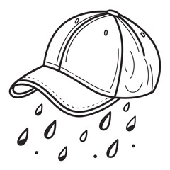 Hand drawn black and white illustration of a baseball cap with raindrops falling from it