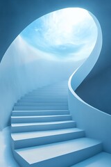 Ascending Spiral: White staircase leading upwards towards a circular opening revealing a bright, airy sky with wispy clouds.