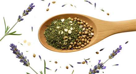 Dried herbs and spices in a wooden spoon with lavender flowers isolated on white background, perfect for culinary recipes and natural remedies