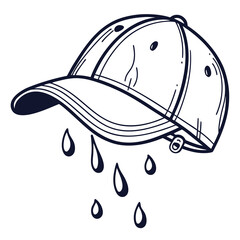 Hand drawn sketch of a baseball cap with water droplets falling from the brim