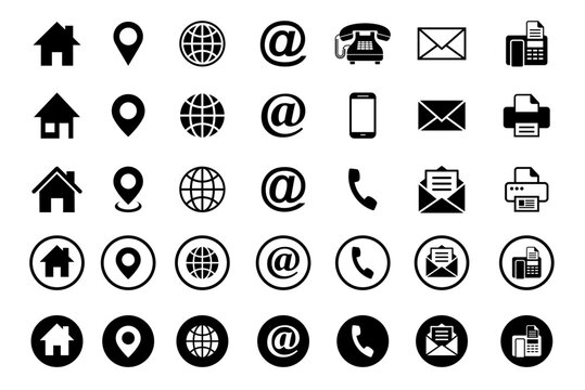 contact, social and information icon set including website, email, address, fax, location, telephone etc. icons for contact. can be used in website, business card, app etc place. eps icons