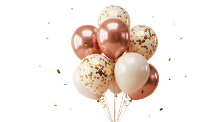 Elegant bunch of rose gold and white confetti balloons with gold foil confetti, perfect for celebrations and festive events