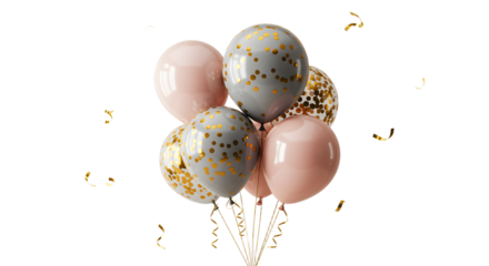 Elegant pink and gray balloons with gold confetti and ribbons isolated on black background, perfect for celebrations and party decorations