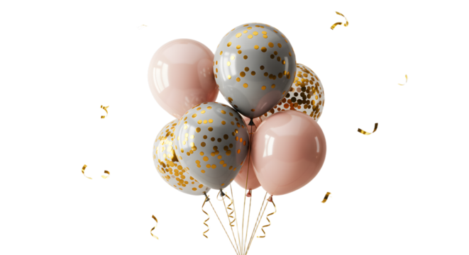 Elegant pink and gray balloons with gold confetti and ribbons isolated on black background, perfect for celebrations and party decorations