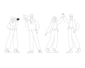Minimalist line art characters engaging in teamwork actions like shouting, searching, and high-fiving in casual and fun modern business style for creative projects.