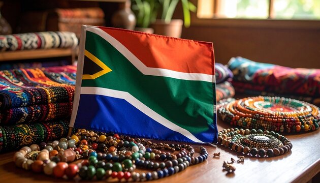 The South African flag displayed on a wooden table surrounded by traditional handmade beaded jewelry and colorful woven textiles.