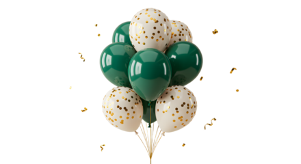 Green and white confetti balloons bouquet with gold ribbons isolated on black, festive celebration decoration perfect for parties and events