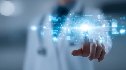 Doctor Interacting with Futuristic Digital Interface, Healthcare Technology Concept.