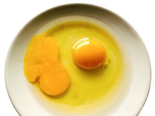 Fresh raw egg yolk in ceramic plate isolated on white background. Raw egg yolk. Cracked egg in a white bowl, ideal for culinary and kitchen themes. Top view.