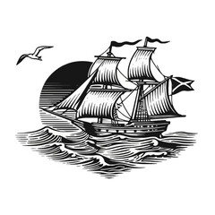 Scottish sailing ship with Saltire flag. Vintage woodcut vector illustration.
