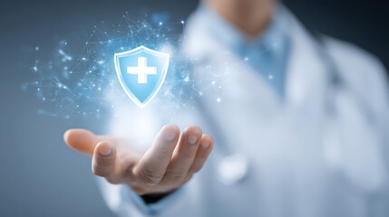 Doctor's Hand Offering Digital Health Protection Shield with Glowing Network