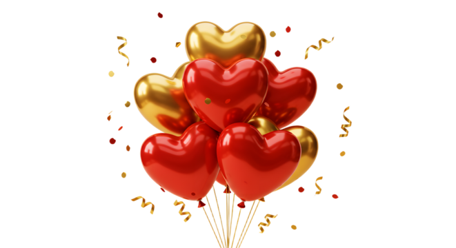 Red and gold heart-shaped balloons with confetti, romantic and festive decoration, perfect for Valentine's Day or anniversary celebrations