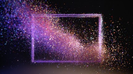 A luminous square outlined in purple, surrounded by a cloud of vibrant, scattered particles against a dark backdrop
