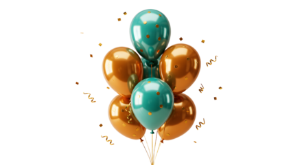 Teal and copper balloons with gold confetti, festive decoration for celebrations and parties