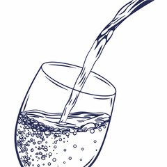 Illustration of water being poured into a glass with bubbles, isolated on white background
