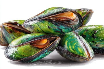 Fresh, vibrant green and teal mussels, stacked close together, glistening with moisture