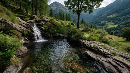 Alpine stream cascading into a tranquil pool, surrounded by lush greenery and rocky terrain