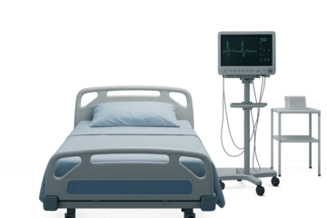 Front view of blue and white hospital bed with monitor and side table hospital bed with monitor and transparent background