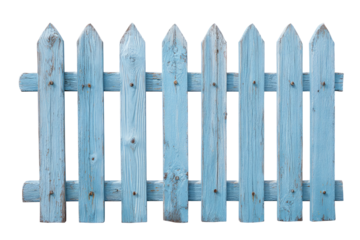 Light-blue weathered wooden fence.  A horizontal row of weathered light-blue wooden pickets.  The fence is a simple design with pointed tops