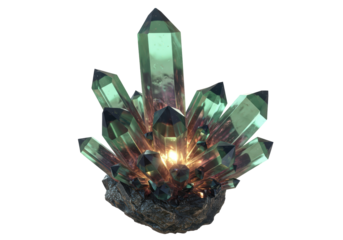 Isolated Enchanting 3D Green Glow Crystals on Rock Base