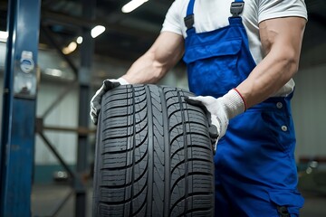 Fototapeta premium Skilled mechanic in blue overalls and white gloves carefully holds a new winter tire in a well lit auto repair workshop